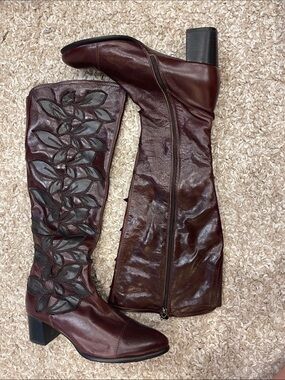 Women's Burgundy Leather Knee-High Heeled Boots with Leaf Appliqué